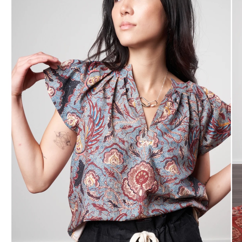 Ulla Johnson Blue Floral Paisley Print Flutter Sleeve Top